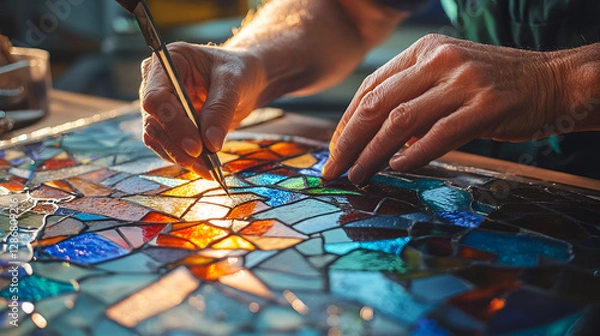Fototapeta Craftsman assembling stained glass with vibrant colors, intricate patterns, skilled artistry, creative workspace, copy space