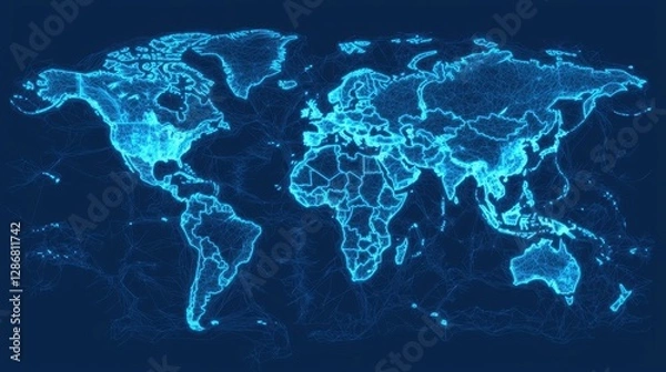 Fototapeta A digital, glowing blue map of the world displayed on a dark background, highlighting global geography with a modern, tech-inspired design.