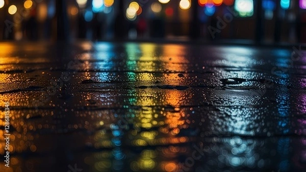 Fototapeta  Vivid Reflection of City Lights on Rainy Evening Street Scene.bokeh effect with neon light effect