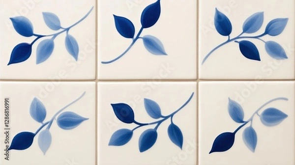 Fototapeta Elegant Hand painted azulejo wall with flowing floral vines scrolls and classic Mediterranean shapes in shades of blue and white 