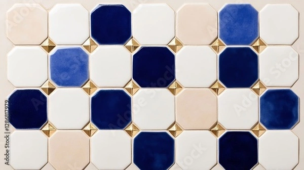 Fototapeta Elegant Moroccan style azulejo tiles with a mix of blue white and gold interlocking geometric designs luxurious and exotic atmosphere 
