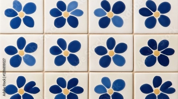 Fototapeta Elegant Moroccan style azulejo tiles with a mix of blue white and gold interlocking geometric designs luxurious and exotic atmosphere 