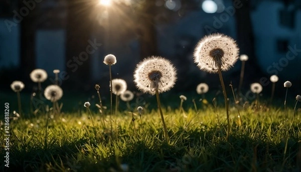 Fototapeta White fluffy dandelions  in the night light