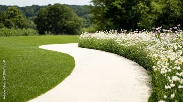 Fototapeta Elegant Quiet path winding through a wildflower meadow surrounded by trees and soft summer light perfect calming retreat 