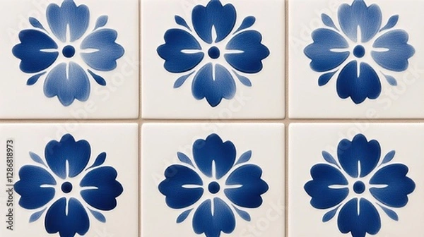 Fototapeta Elegant Repetitive azulejo tile pattern featuring blue and white ornate floral motifs over a textured surface perfect for Mediterranean themes 