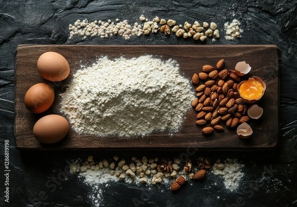 Fototapeta Assorted Cooking Ingredients Displayed on Wooden Board with Eggs, Flour, Nuts, and Eggshells Ready for Baking or Culinary Preparation