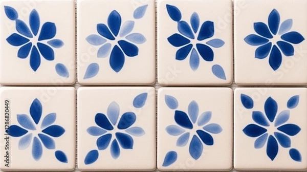 Fototapeta Elegant Traditional blue and white azulejo tiles with intricate floral and geometric patterns classic Portuguese and Spanish ceramic art backdrop 