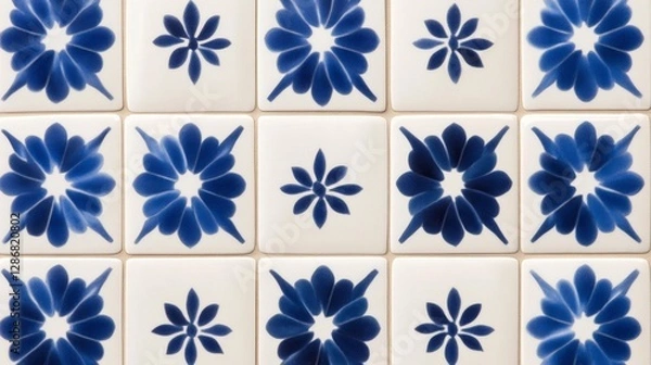 Fototapeta Elegant Vibrant mix of blue and turquoise azulejo patterns featuring ornate floral and star motifs creating a dynamic and cultural background 