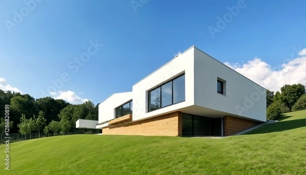 Fototapeta Modernist white house with large windows and wooden accents on a grassy hill.