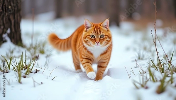 Obraz Vibrant Orange Cat in Snowy Forest
