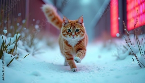 Fototapeta Vibrant Orange Cat in Snowy Forest