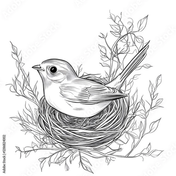 Fototapeta Detailed line art of a bird sitting in a nest surrounded by twigs and leaves