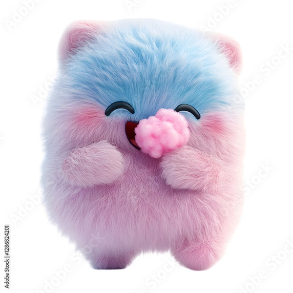 Fototapeta A Fluffy 3D Cartoon Character Enjoying Glowing Cotton Isolated on Transparent Background