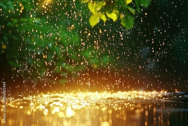Fototapeta Raindrops Falling on Bright Surface with Green Background