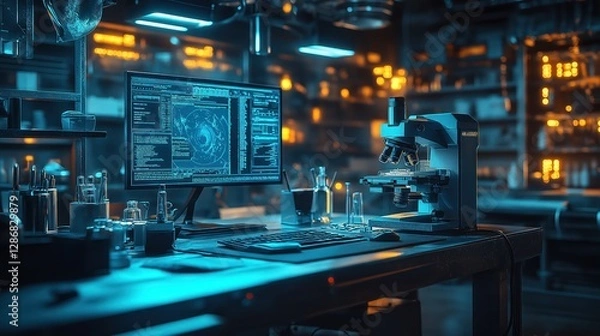 Fototapeta Futuristic lab at night with microscope, computer, and glowing particles