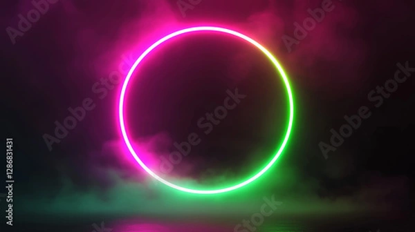 Fototapeta Glowing neon circle illuminating colorful smoke in dark background