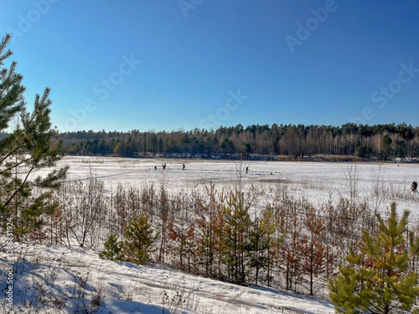 Fototapeta A frozen pond in the forest in winter, and people skate on it