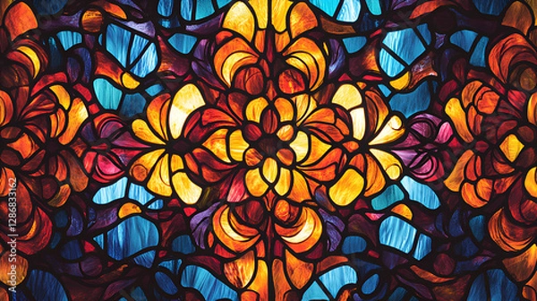 Fototapeta Vibrant stained glass design with intricate floral patterns in warm colors, striking artwork, decorative composition, copy space
