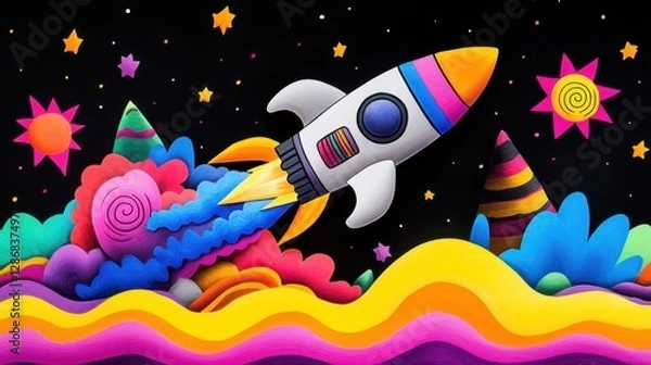 Fototapeta A rough, joyful scribble of a spaceship with exaggerated features, shooting through space with wavy motion lines and a bright, crayon-textured sky.