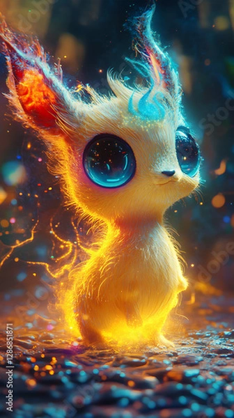 Obraz A cute, glowing creature with large eyes and colorful flames, evoking a whimsical fantasy.