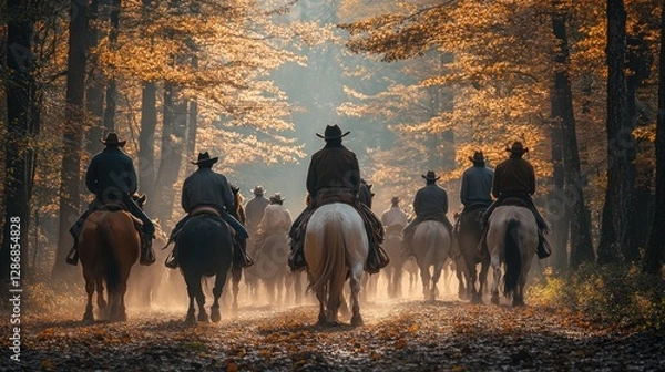 Fototapeta Cattle drive through autumn woods with ranchers on horseback