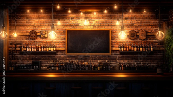 Fototapeta Bar counter with beer bottles and black chalkboard