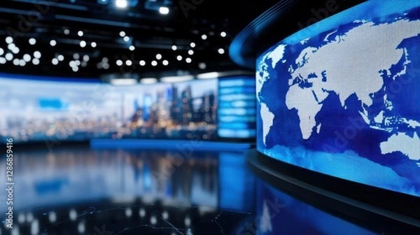 Fototapeta A TV anchor reports breaking news in a modern studio with a digital world map, illuminating global connections in media.