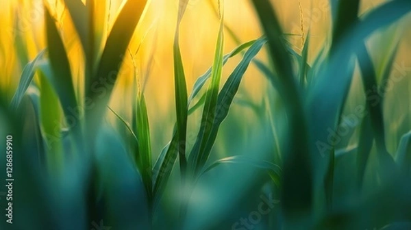 Fototapeta Corn Stalks Glowing in Sunlight Through a Rural Agricultural Field