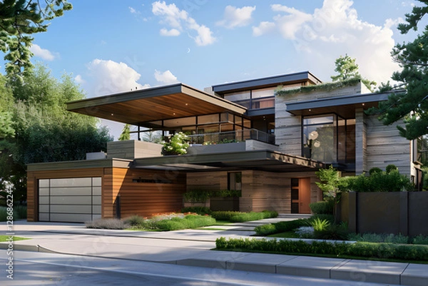 Fototapeta Elegant Contemporary Two-Story Household Nestled in Lush Greenery