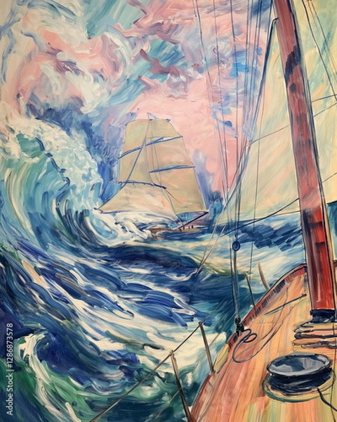 Fototapeta A fishing schooner in a storm the sails are tense _002
