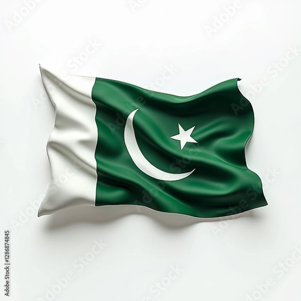 Fototapeta The Pakistani flag gracefully waves, a symbol of national pride and unity, rendered with smooth, flowing fabric and a clean white background.