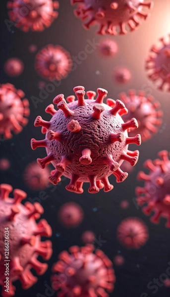 Obraz Microscopic View of Red Coronavirus Cells Detailed 3D Render of Virus Infectious Disease Concept