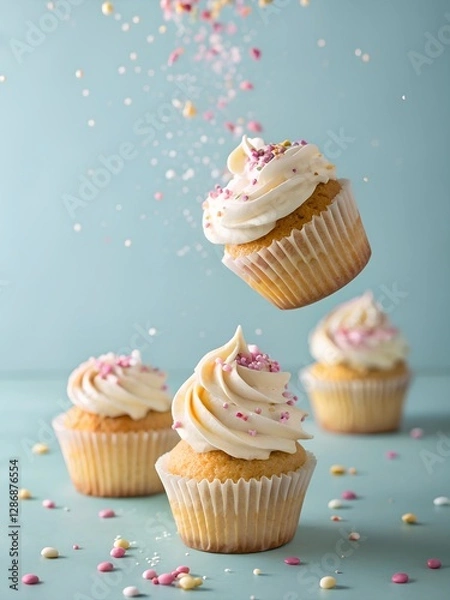Fototapeta Dreamy vanilla cupcakes with smooth buttercream frosting and pastel sprinkles fall gracefully in a floating bakery scene, full of sweetness and elegance.