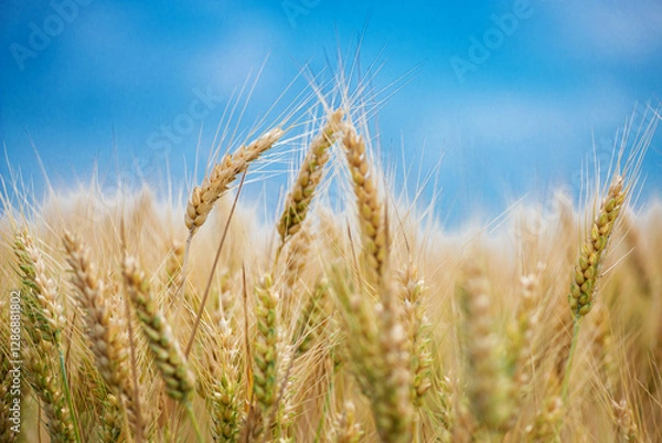 Fototapeta Semi-ripe wheat on a blue sky background. Wheat grain is used for wheat bread, beer some whiskeys some vodkas and animal fodder - selective focus.