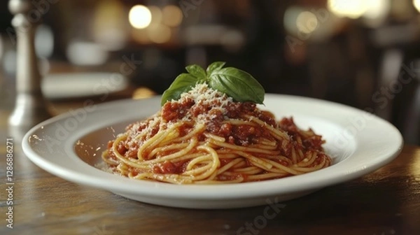 Fototapeta Delicious spaghetti with meat sauce, restaurant setting, bokeh background