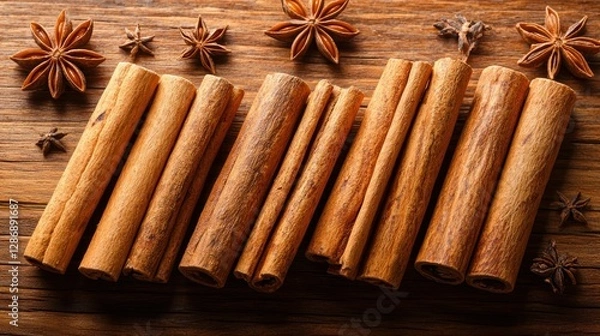 Fototapeta Cinnamon sticks and star anise on a wooden background