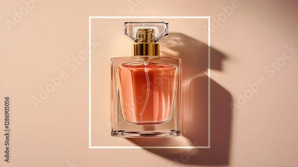 Fototapeta Luxurious Perfume Bottle with Soft Pink Liquid and Gold-Toned Spray Nozzle, Framed by a White Geometric Border on Beige Background, Creating a Feminine and Timeless Ambiance
