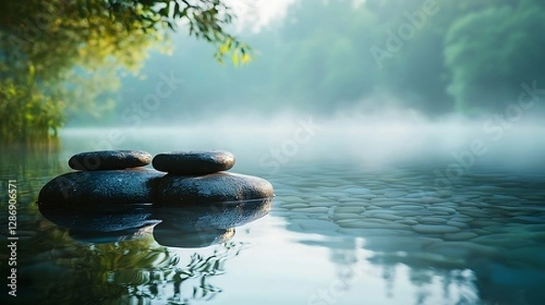 Obraz Mystical Stacked Stones on Water with Blue Mist and Soft Lighting