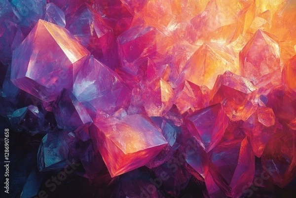 Obraz Vibrant, multifaceted crystals in a dazzling array of purple, pink, and orange hues.