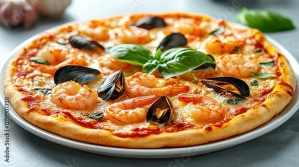 Fototapeta Fresh seafood pizza on a plate, garlic and basil garnish, stone background