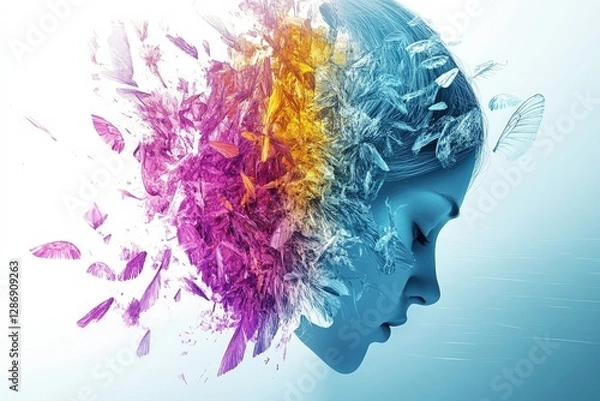 Obraz Digital Illustration of Emotional Visual Storytelling: Colorful Human Profile with Nature-Inspired Abstract Art and Creative Design..Mental Health & Self-Care Journey