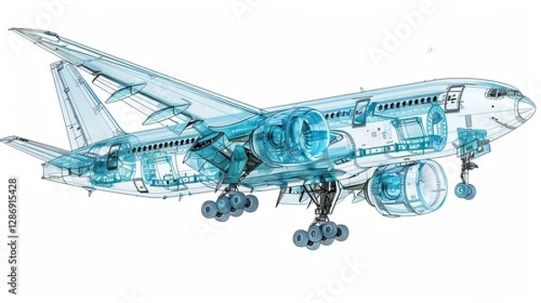 Fototapeta Futuristic aircraft design  x ray view showcasing interior, engine, and wing structure details