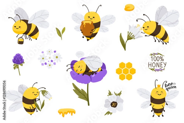 Fototapeta Cute honey bee character illustration set with flowers and lettering quote. Vector funny illustration collection for stickers, print, cards, posters, web site, banner, landing page.