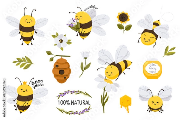 Fototapeta Cute honey bee character illustration set with flowers and lettering quote. Vector funny illustration collection for stickers, print, cards, posters, web site, banner, landing page.