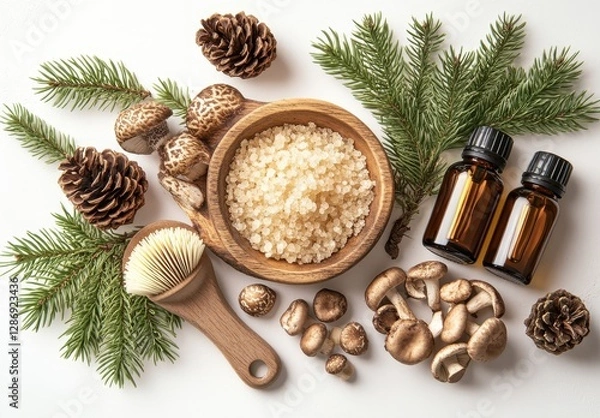 Fototapeta Natural Spa Ingredients with Sea Salt, Fresh Mushrooms, Herbal Oils, and Pine Cones for Relaxation and Wellness Solutions