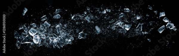 Obraz Ice cubes, crushed on a black background. wide format.