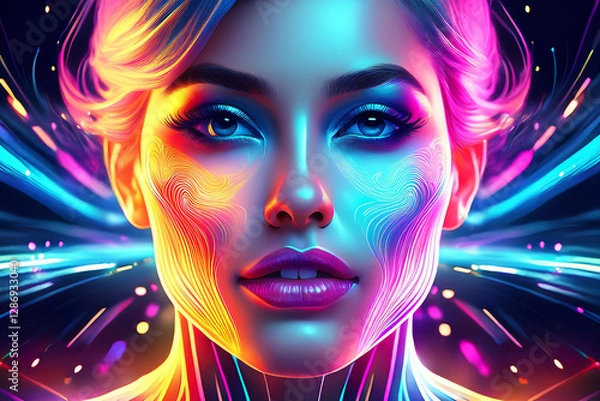 Fototapeta Futuristic Neon Portrait – Cyberpunk Woman with Vibrant Colors, Glowing Light Patterns, and Surreal Digital Aesthetics