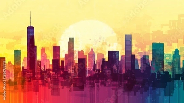 Fototapeta Colorful abstract cityscape with geometric buildings at sunset