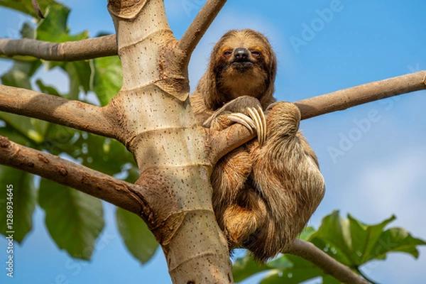 Fototapeta Cute sloth (Bradypus) hanging on tree branch with funny face look, perfect portrait of wild animal in the Rainforest