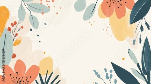 Fototapeta Colorful floral frame with abstract leaves and flowers on white background